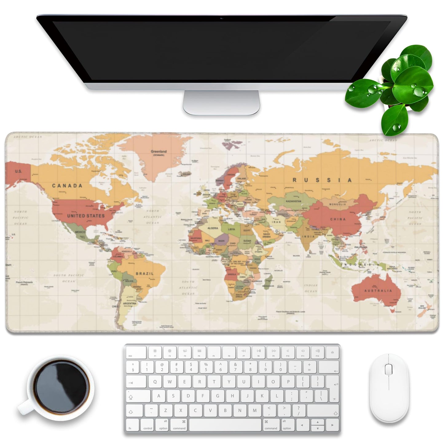Desk Mat, Yellow Vintage World Map Extended Gaming Mouse Pad Large, 35.4"x15.7" Big Mouse Pad with