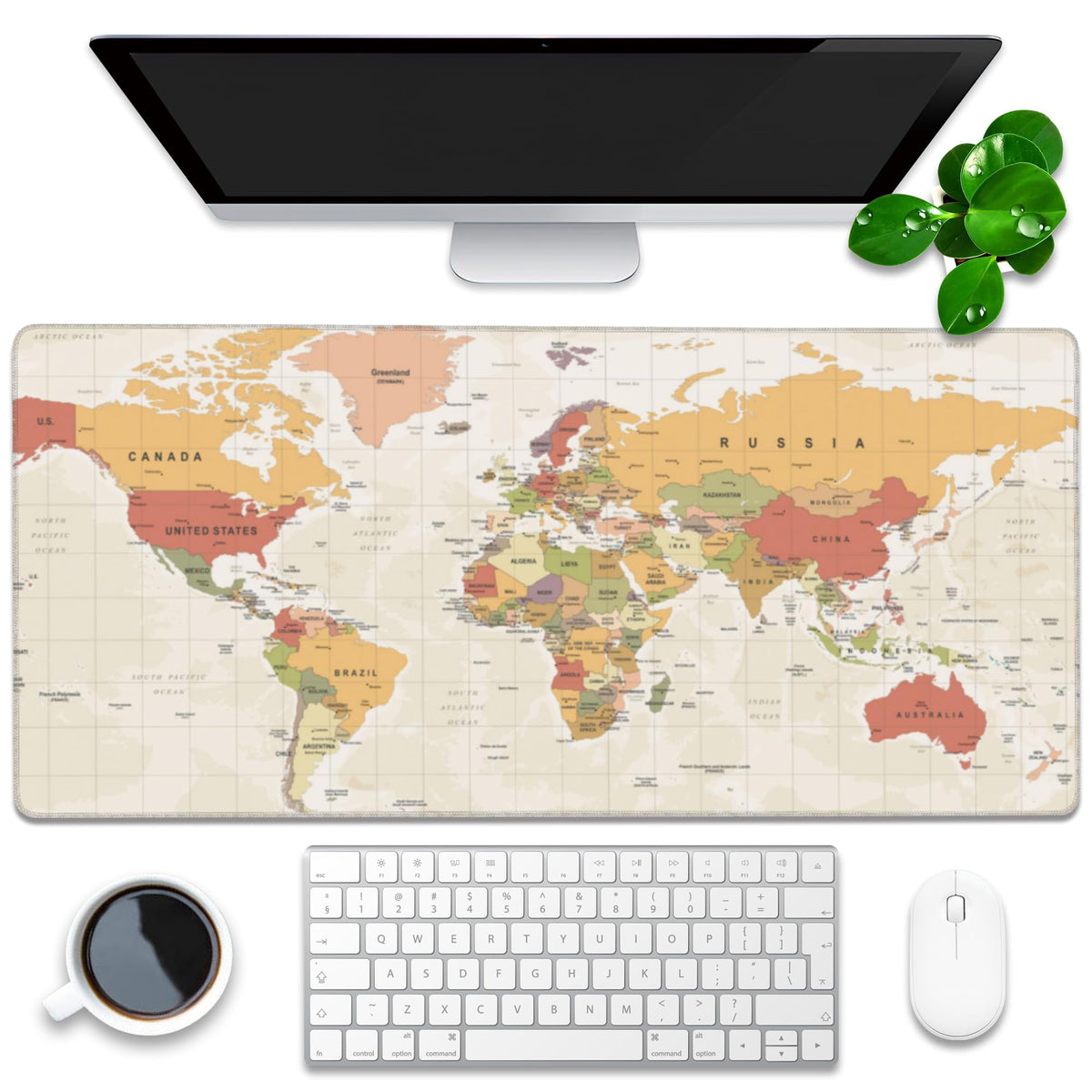 Desk Mat, Yellow Vintage World Map Extended Gaming Mouse Pad Large, 35.4"x15.7" Big Mouse Pad with