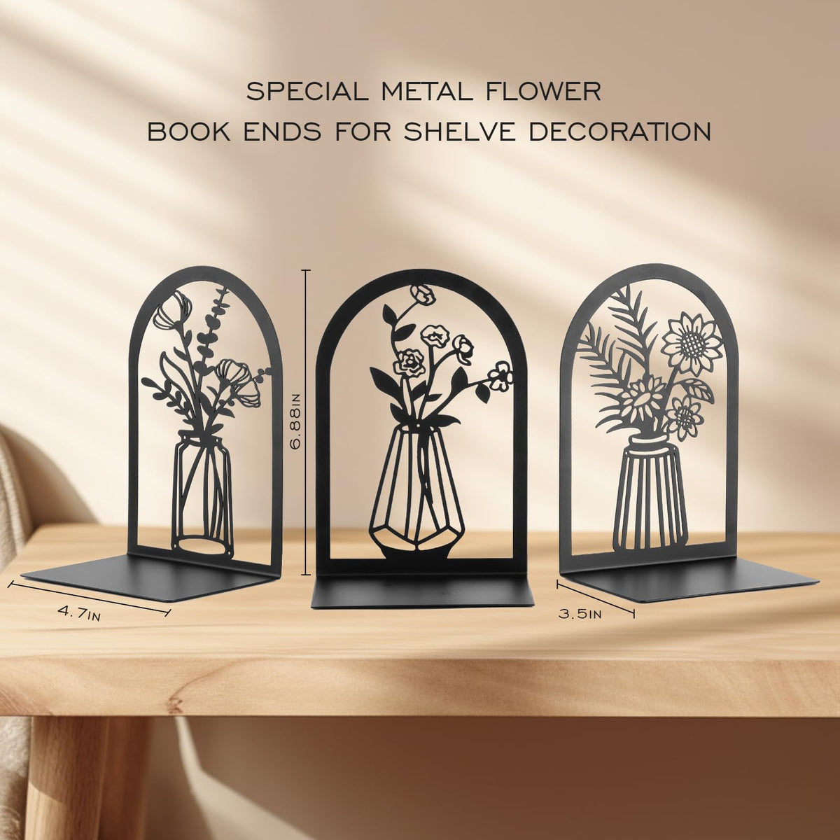 Bondream 3 Pair Metal Bookends,Decorative Book Ends for Shelves,Non-Slip Book Stopper for Heavy