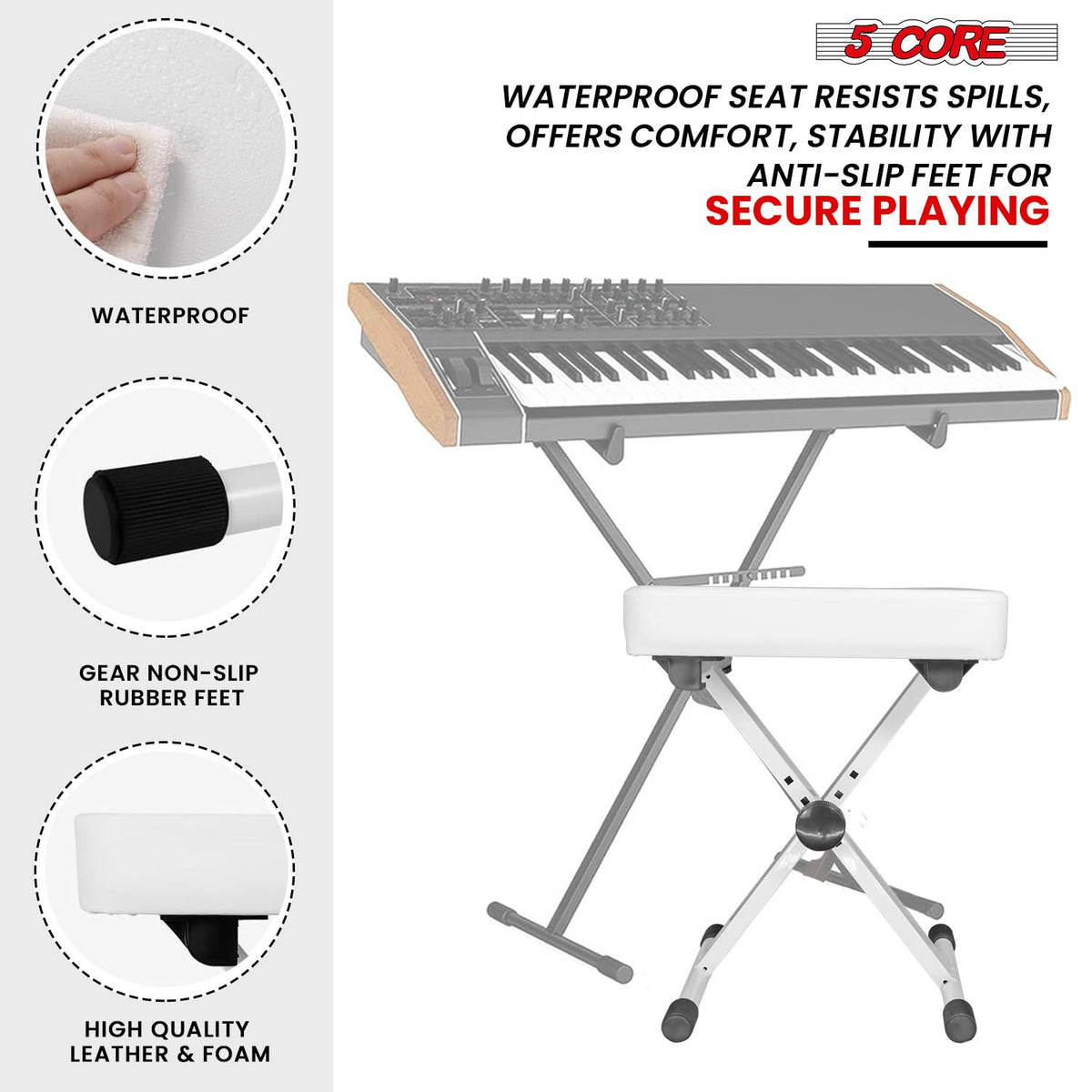 5 CORE Piano Bench X-Style Foldable 3" Padded Keyboard Seat Adjustable Height for Keyboards Synths