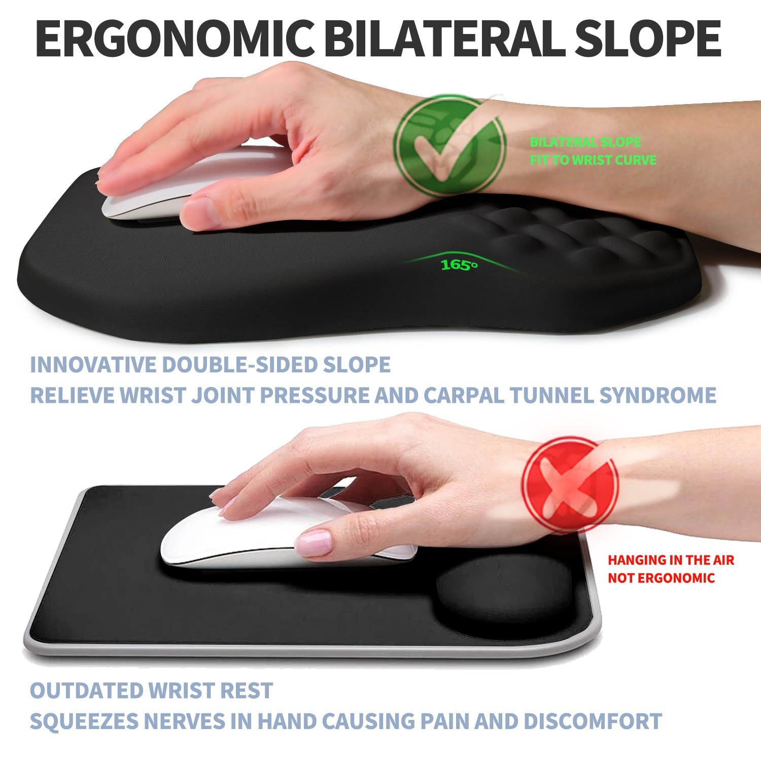 Gleamtide Ergonomic Raised Mouse Pad Wrist Support with Bilateral Slope Memory Foam Mousepad for