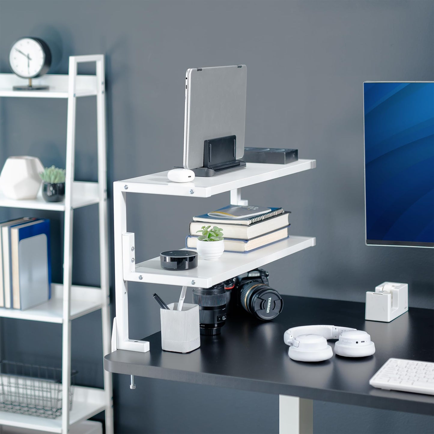 VIVO White Clamp-on 24 inch 2-Tier Desk Shelf, STAND-SHELF24C-W