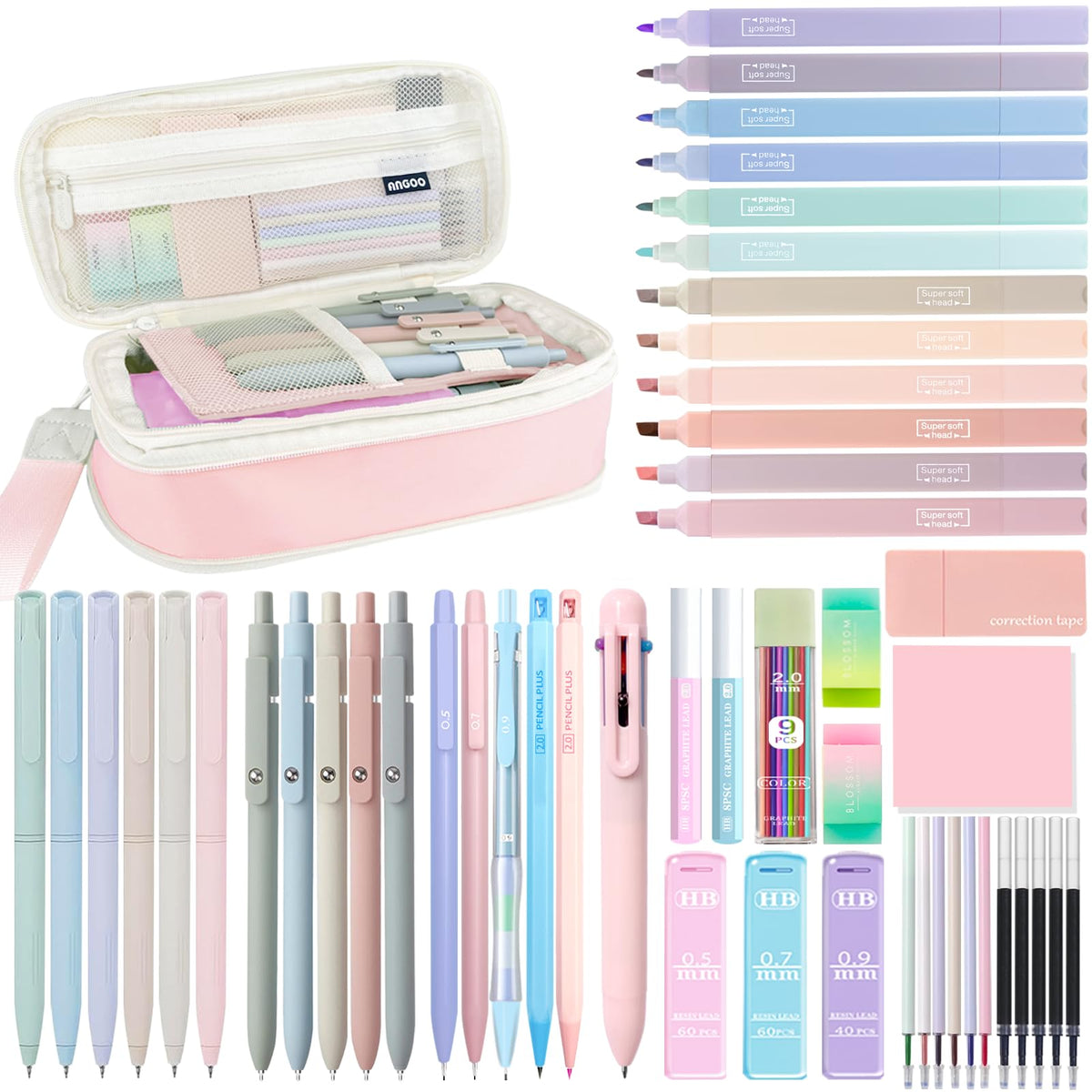 JIZHIYUAN 54PC Aesthetic School Supplies with Pink Pencil Case for Students