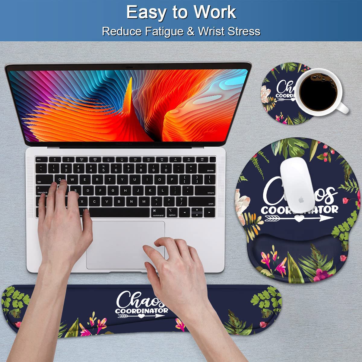 Keyboard Wrist Rest and Mouse Pad Wrist Support Set with Coasters, Chaos Coordinator Quotes Colored