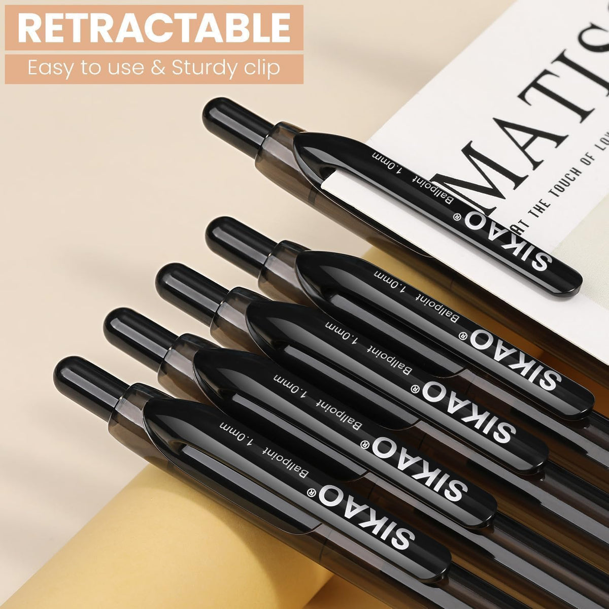 Sikao Black Pens Bulk, 60-Pack Durawrite Retractable Ballpoint Pens