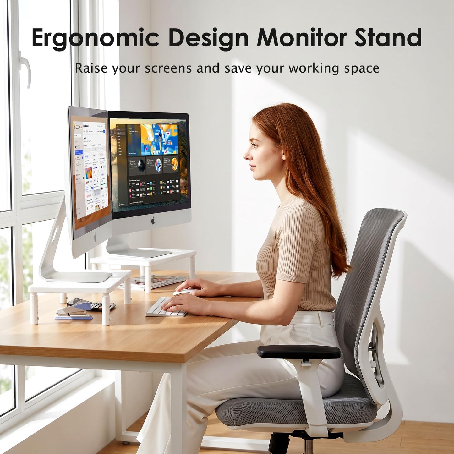 ECOLOVI Adjustable Wood Computer Monitor Stand Riser, Office Desk Organizer and Accessories for