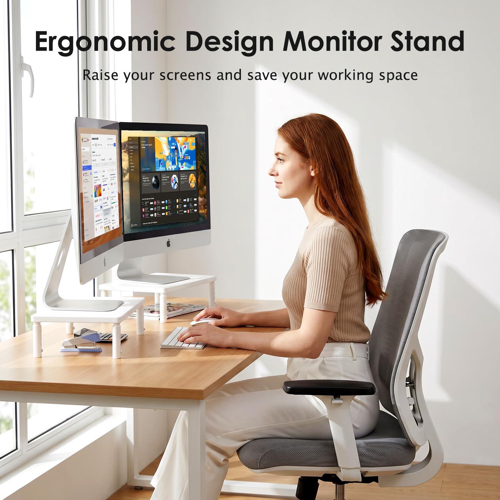 ECOLOVI Adjustable Wood Computer Monitor Stand Riser, Office Desk Organizer and Accessories for