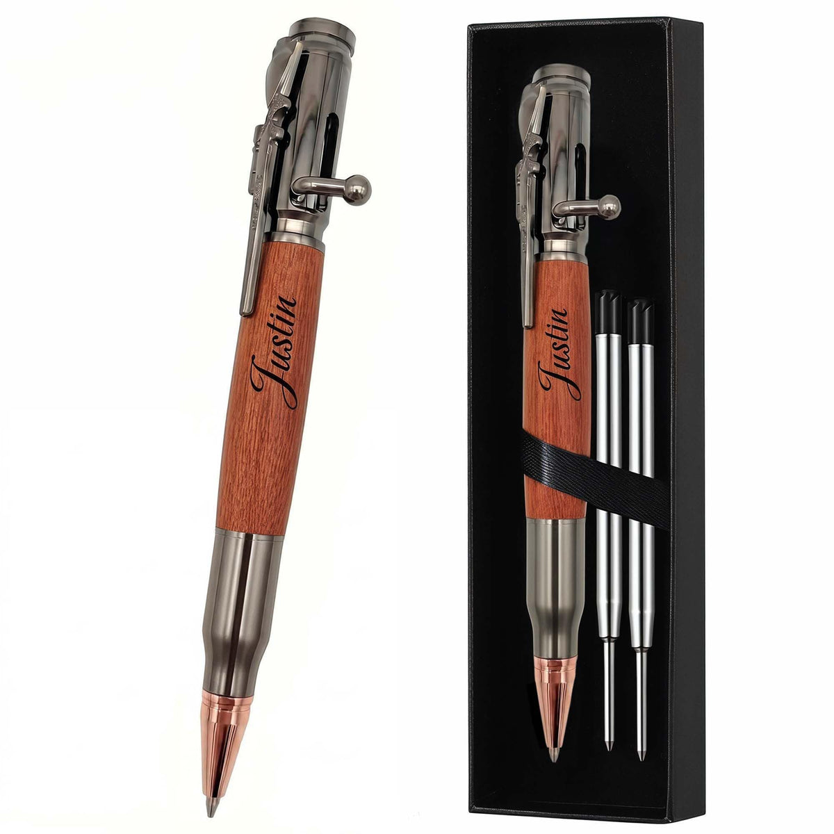 Blireana Personalized Bolt Action Pen, Free Engraved Wood Metal Ballpoint Pen with 2 Refills