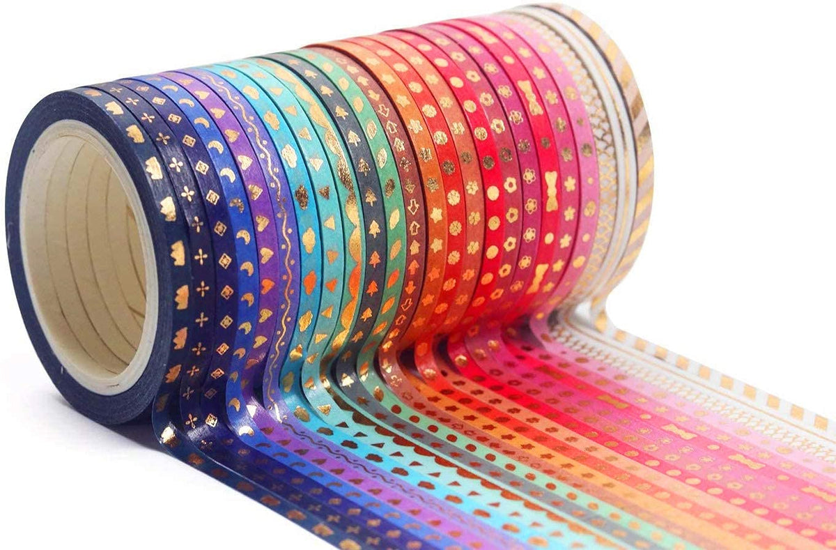 YUBX 24 Rolls Washi Tape Set Foil Gold Skinny Decorative Masking Tape 3MM Wide Scrapbook Tape for