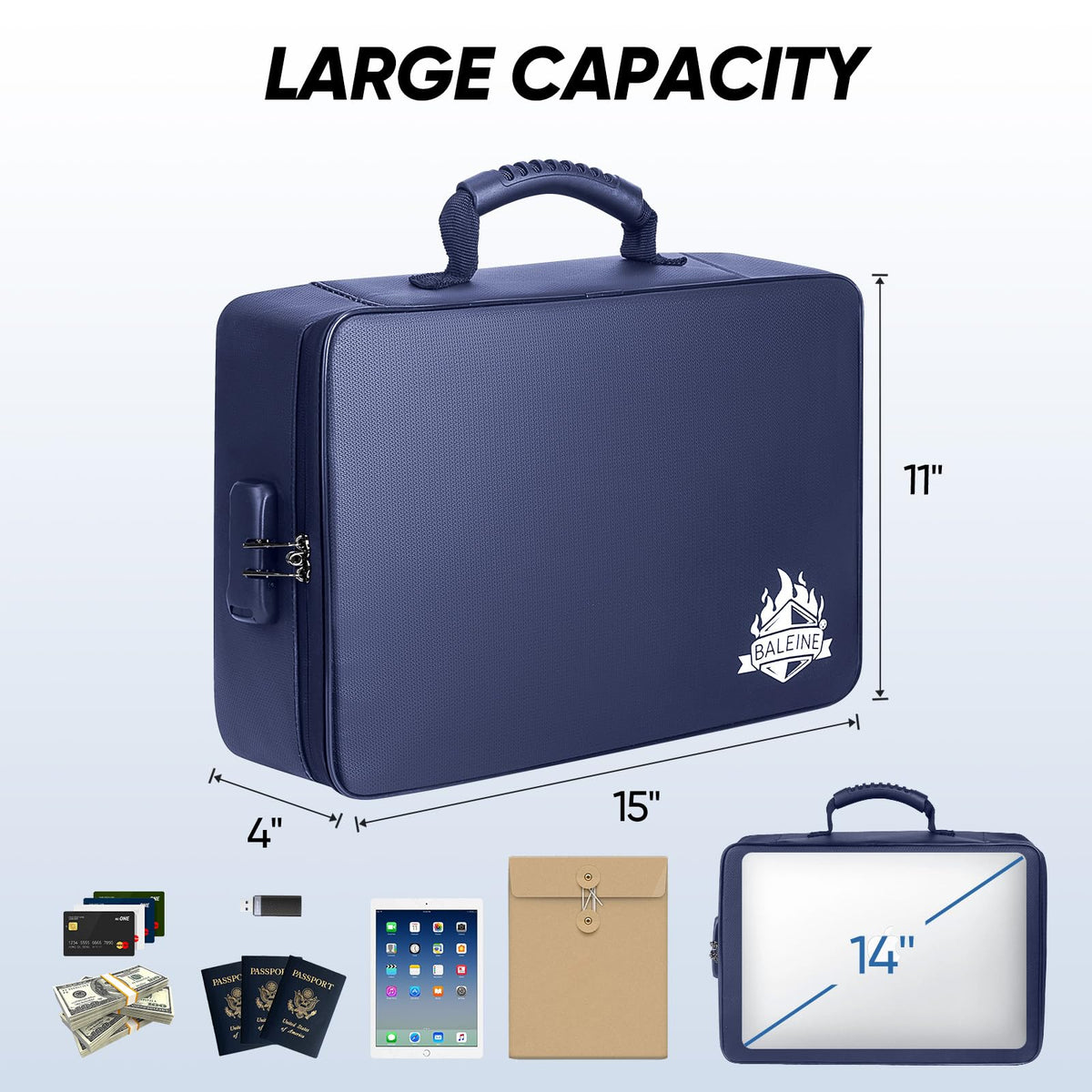 BALEINE Fireproof Document Box with Lock, Waterproof Fire Safe File Bag