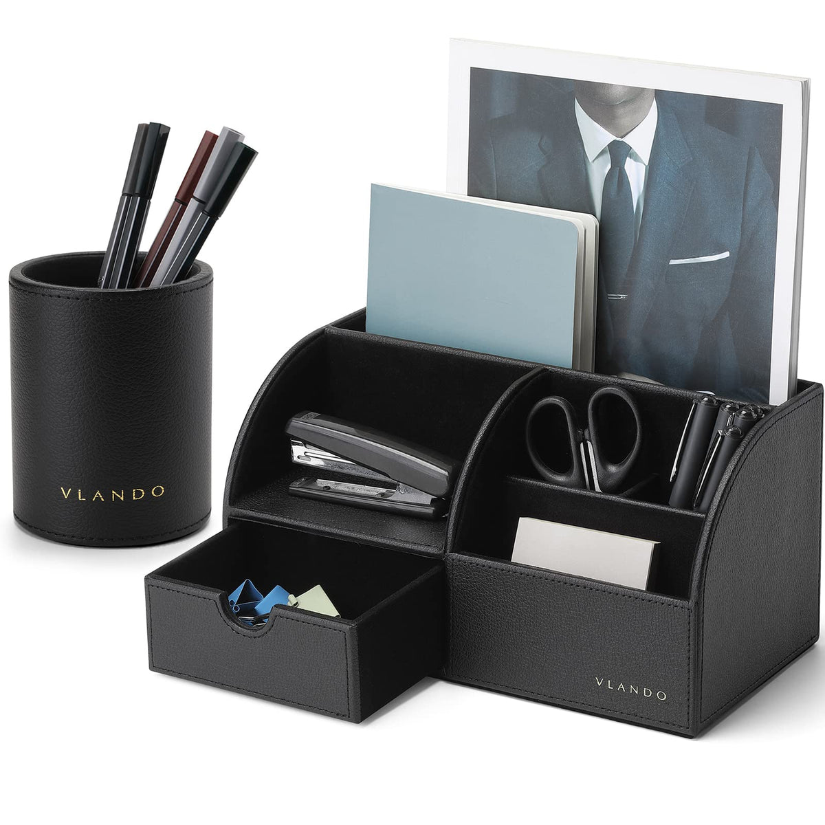 VLANDO Office Desk Organizer Leather Desktop Organizer Caddy with Drawer for Storing Desktop