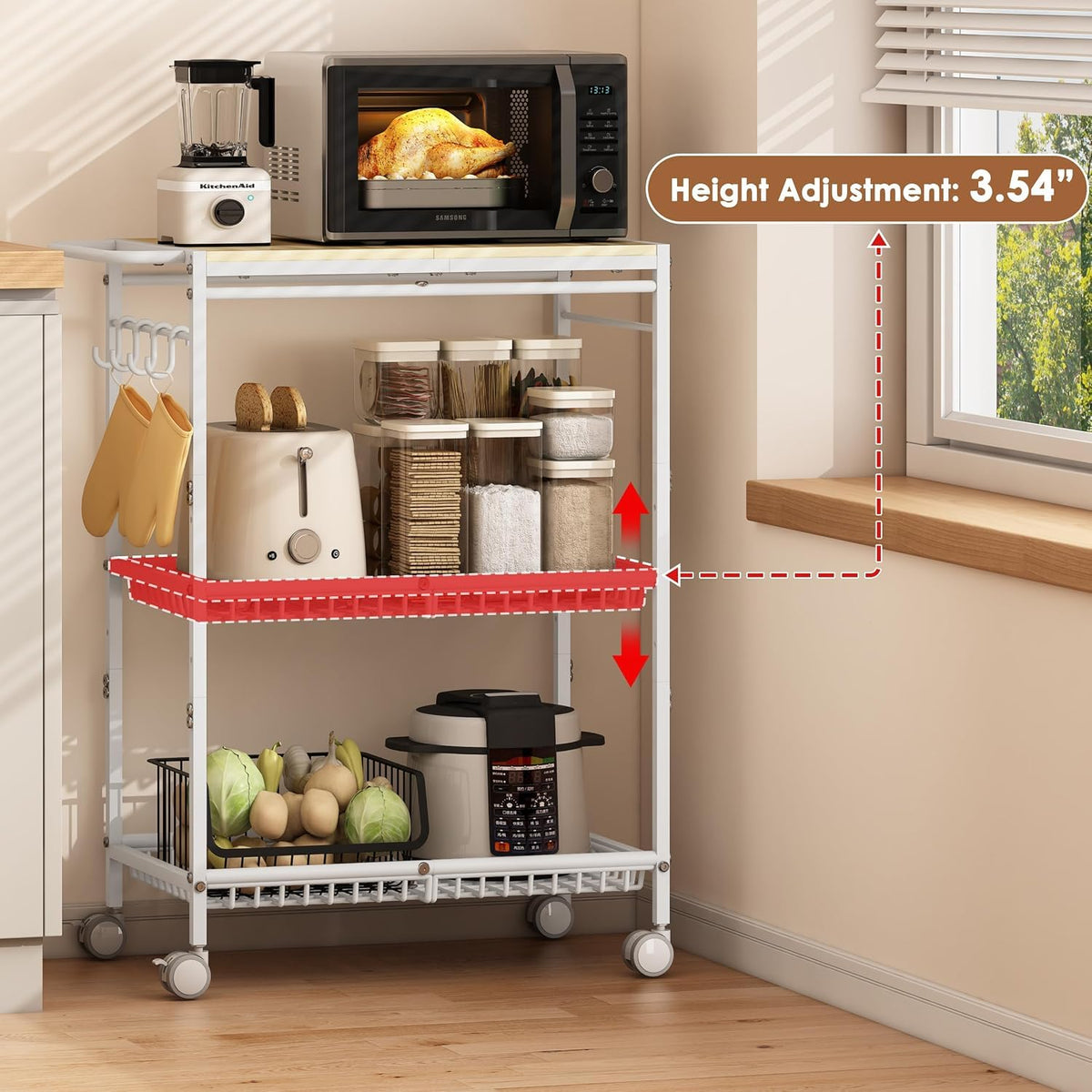 Pkuyres Microwave Kitchen Cart, White Kitchen Shelf with Push Handle, 3 Tier Rolling Microwave