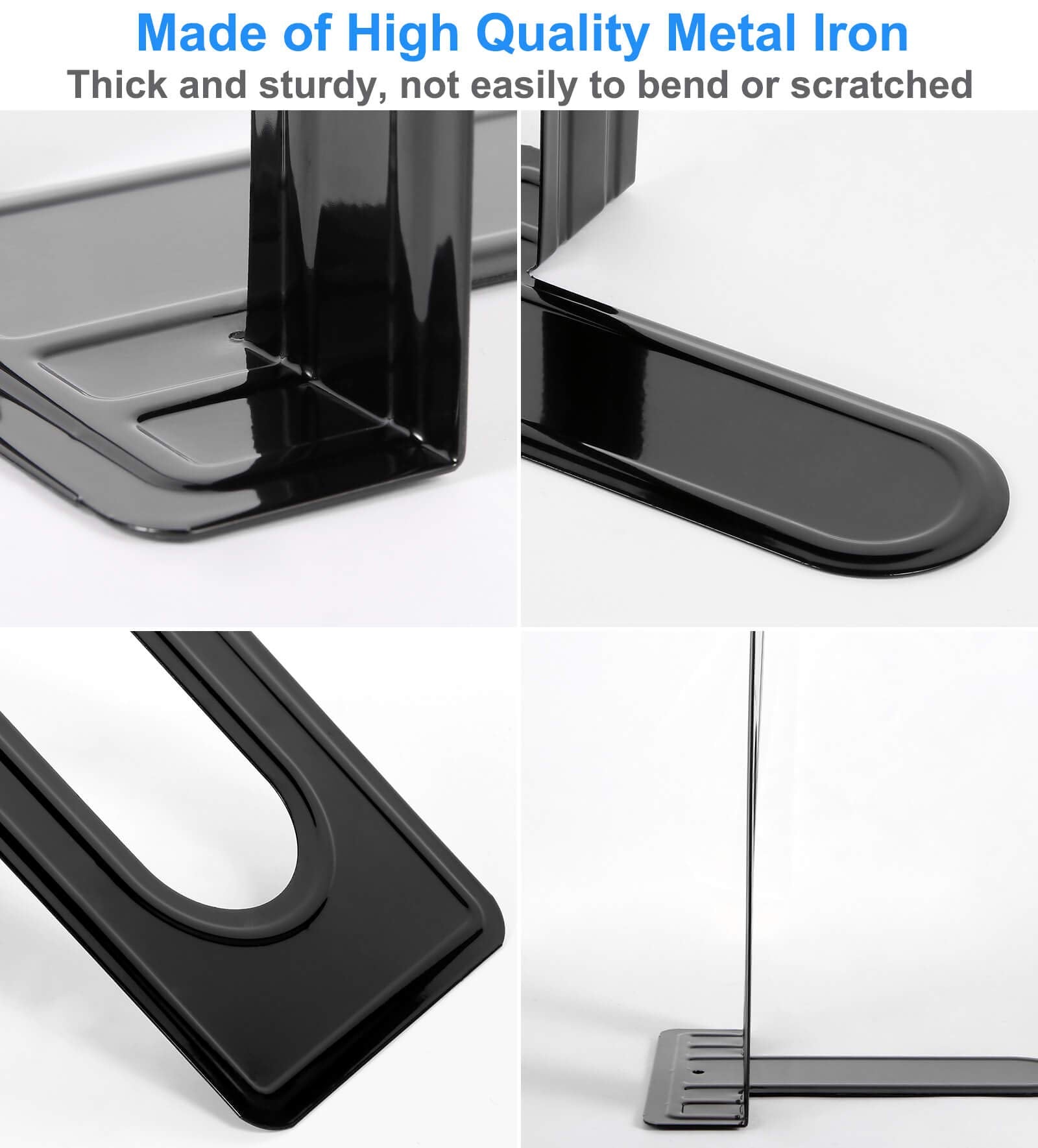 Heavy Duty Bookends for Shelves, Anti-Slip Base, Black, Great for Library, Office, Home, School, 4