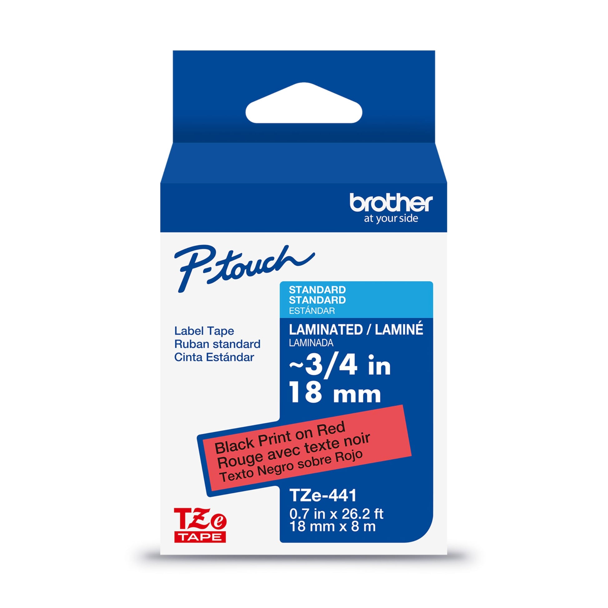 Brother Genuine P-Touch TZe Black Print on Red Label Tape (TZe441), Laminated,3/4in x 26.2ft (18mm