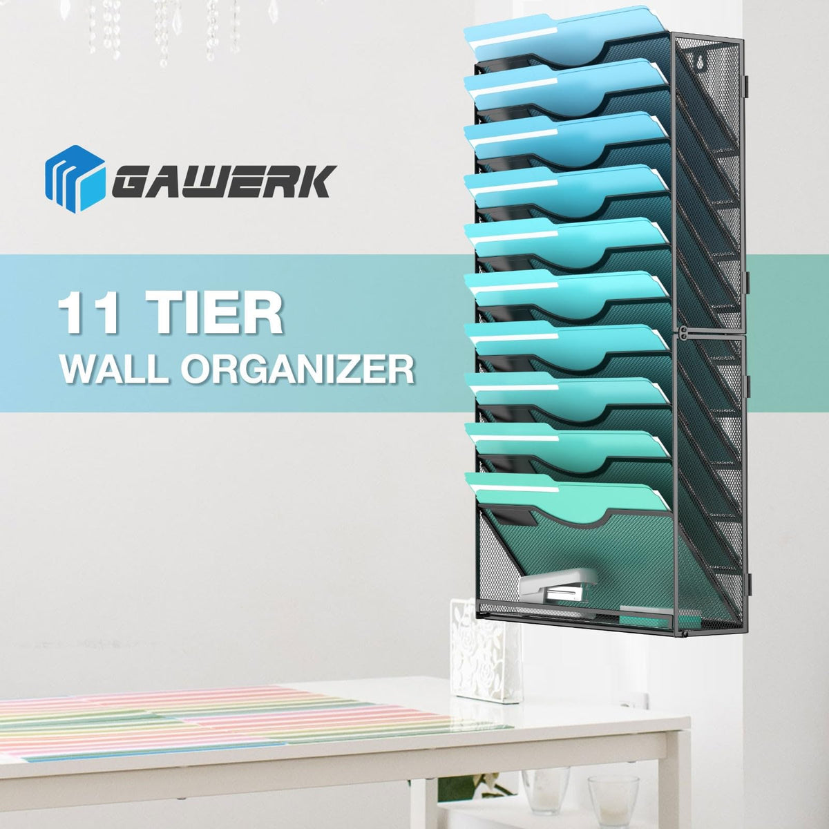 Gawerk 11-Tier Wall File Organizer Hanging Wall File Holder Wall Mount Paper Folder Organize, Mesh