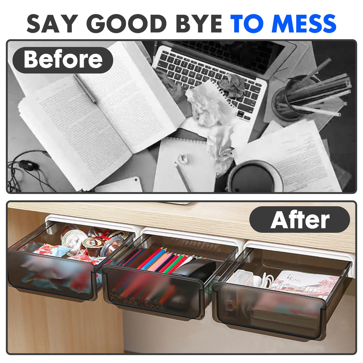 Davidsons Collection Self-adhesive Under Desk Drawer, 2 Packs Table Hidden Organizer Slide Out