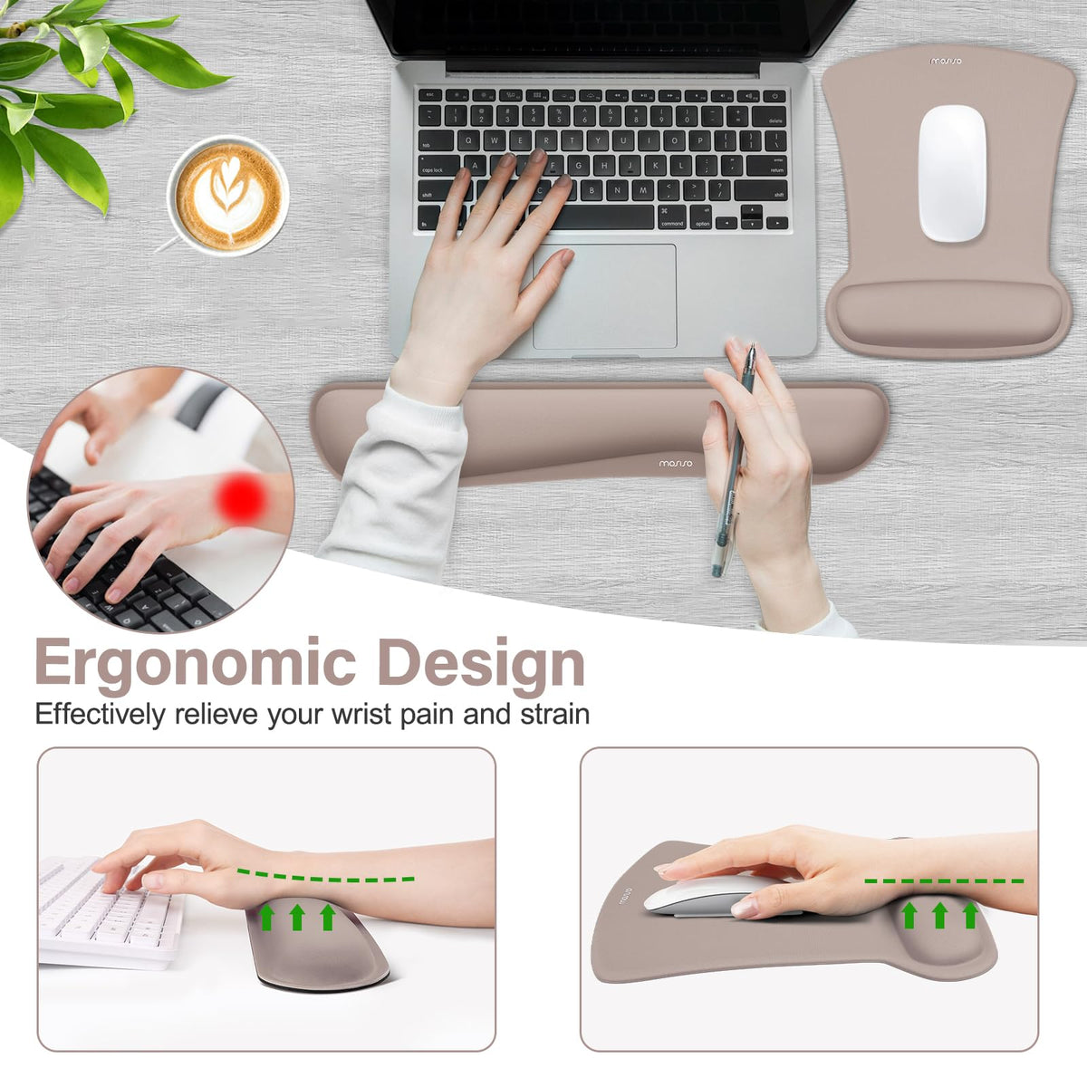 MOSISO Wrist Rest Support for Mouse Pad & Keyboard Set, Taupe Brown