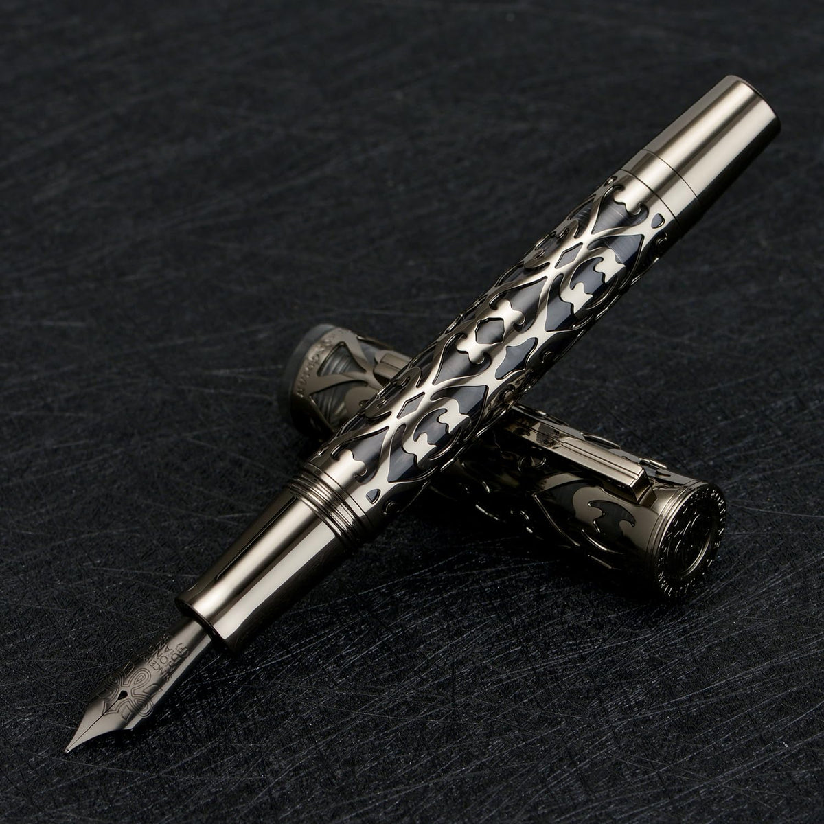 HONG DIAN D1 Piston Fountain Pen Fine Soft Nib, Jet Black Hollow Skeleton & Resin Pen with Metal