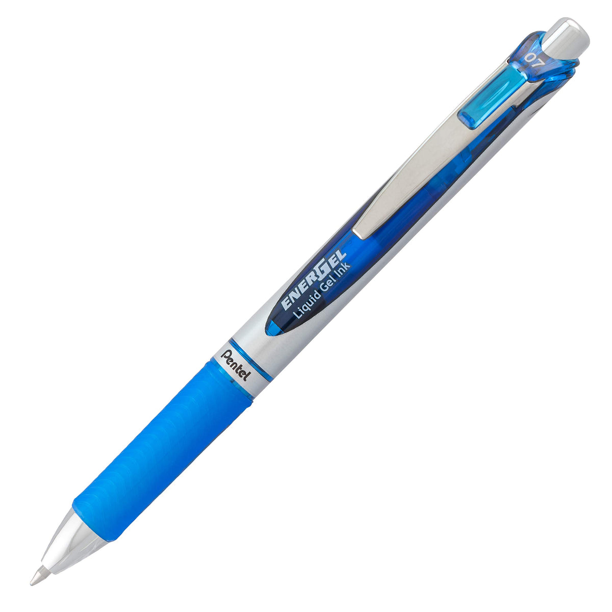 Pentel EnerGel RTX Gel Pens, 0.7 mm Metal Tip, Black/Silver Barrel, Blue Ink, Box of 12 (BL77-C)