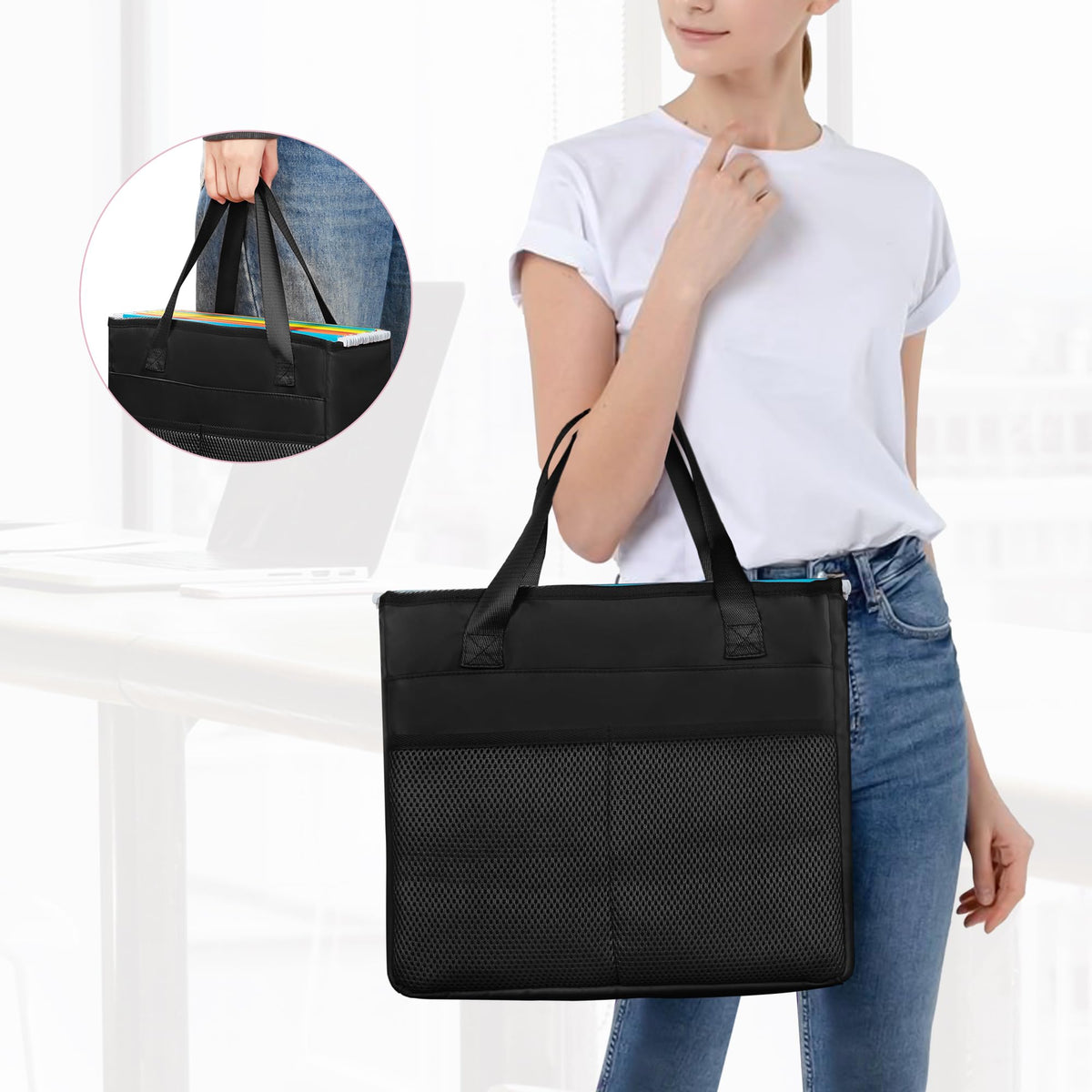 Prokva File Folder Tote Bag with Handle, Document Organizer Box, Black