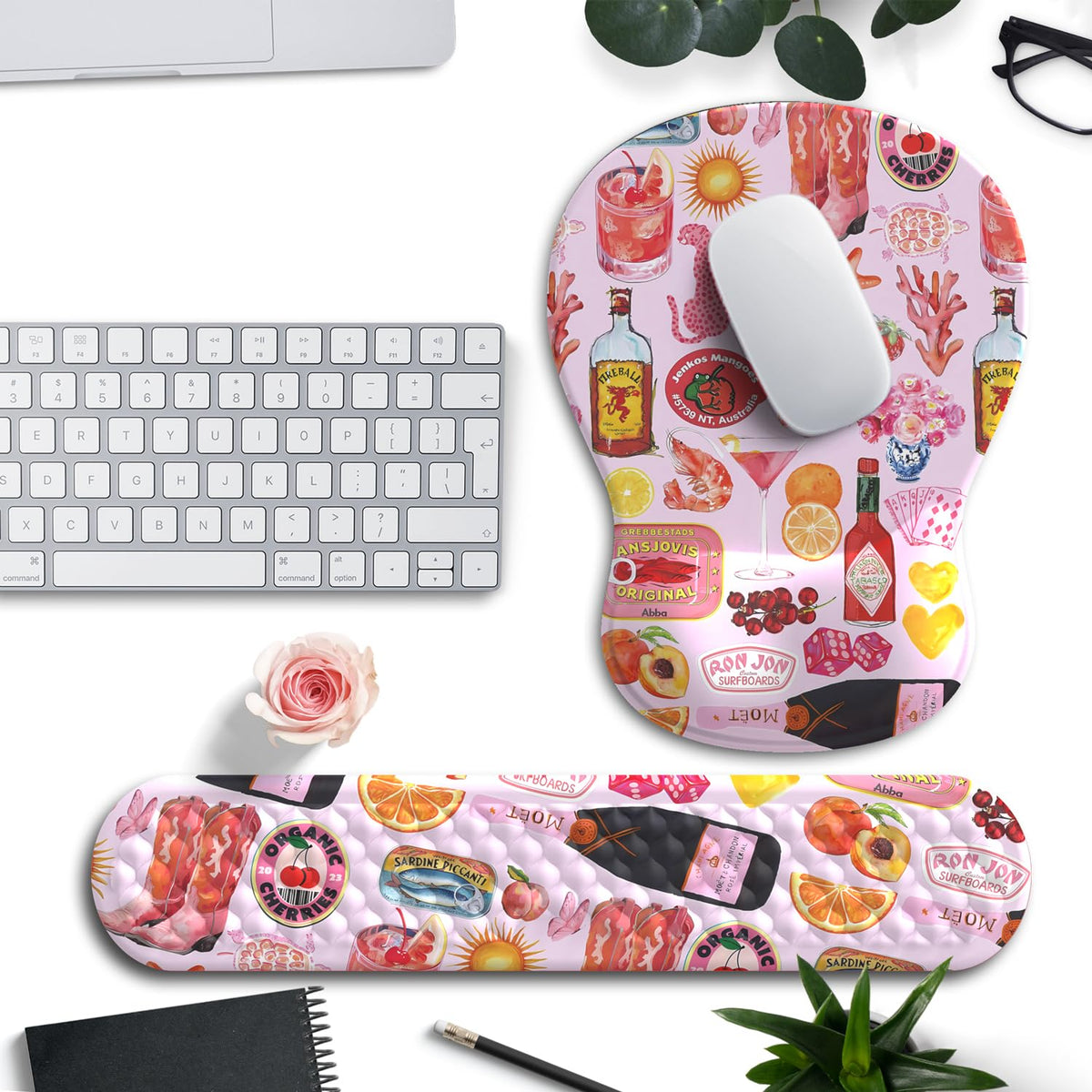 Cute Pink Mouse Pad and Keyboard with Wrist Rest Ergonomic Aesthetic Gaming Mouse Pads, Best Desk