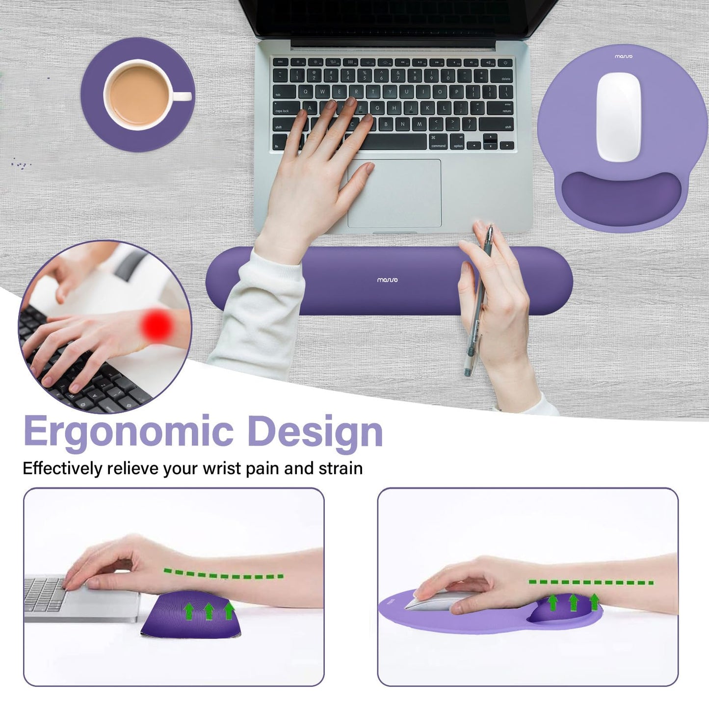 MOSISO Wrist Rest Support for Mouse Pad&Keyboard Set, Imperial Purple