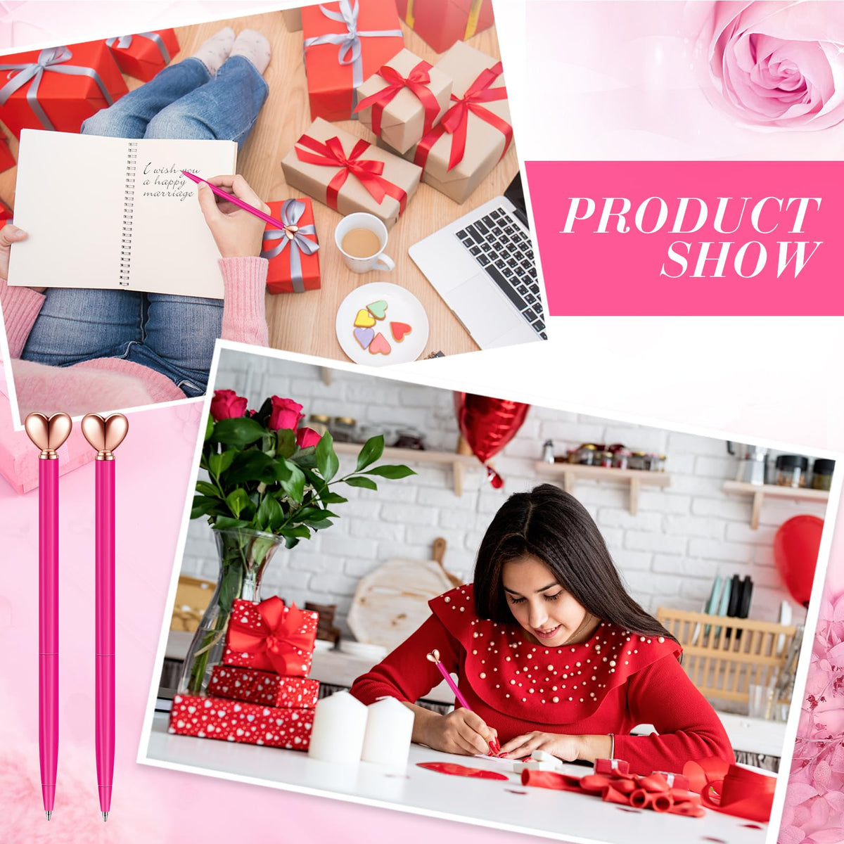 Thenshop Hot Pink 24 Pcs Heart Shaped Pens Retractable Metal Cute Pens 1.0 mm Black Ink Ballpoint