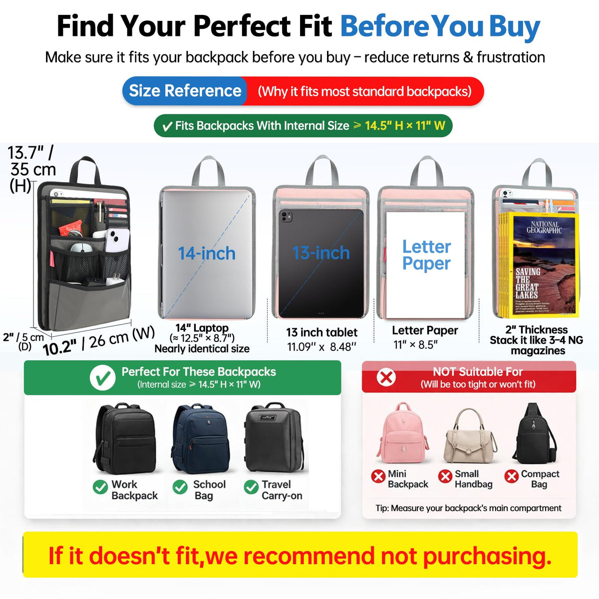 DELTAMANN Slim Rugged Backpack Organizer Insert for Business Casual Men Women -13 Pockets,Padded