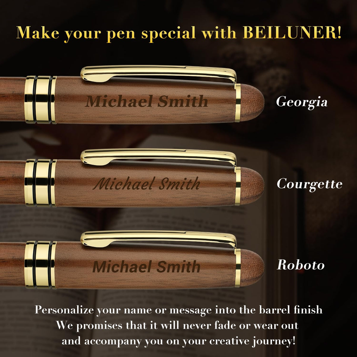 BEILUNER Personalized Wood Rollerball Pen Set,Walnut with Gold Finish