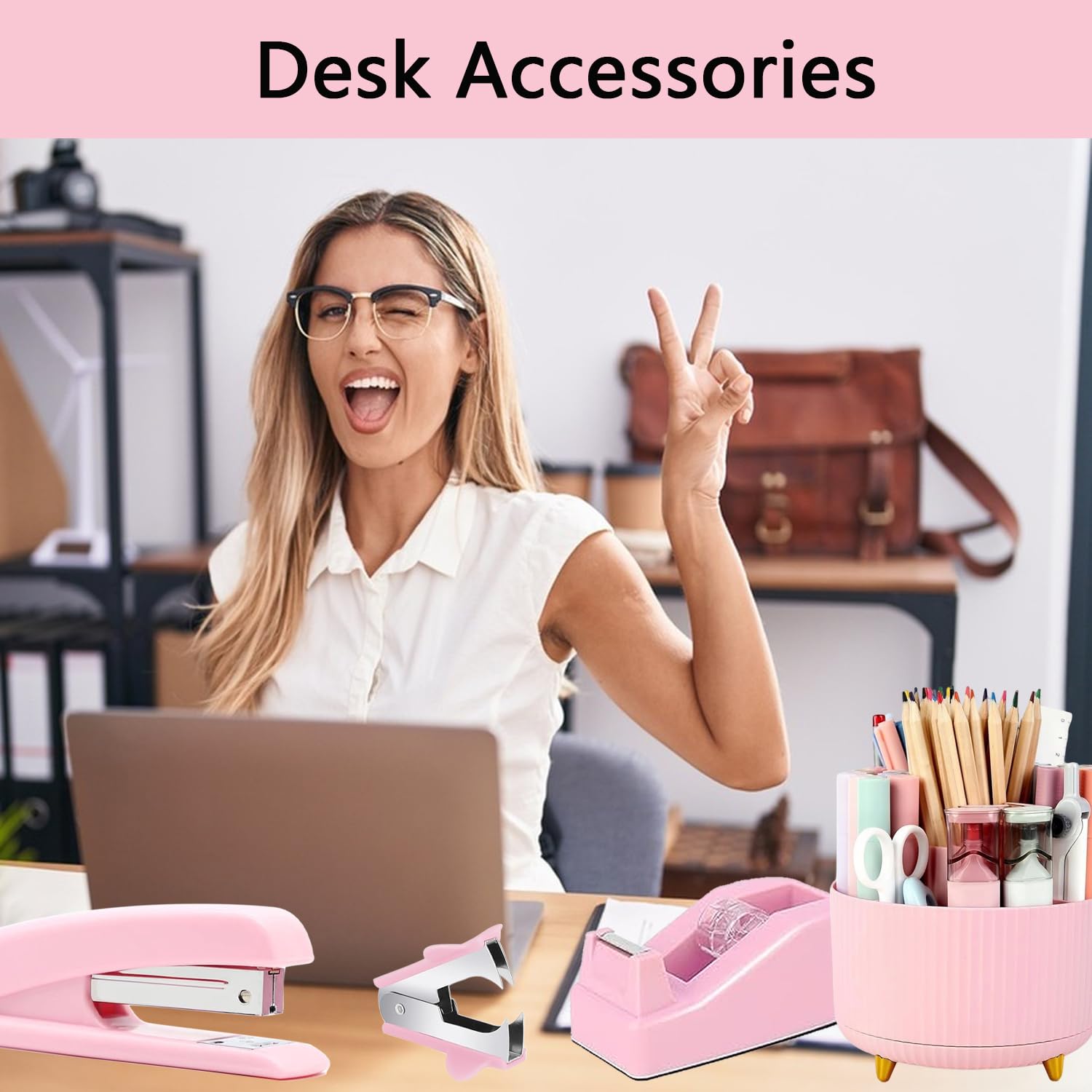 Office Supplies,Pink Desk Accessories,Office Supplies Set,Desk Organizer,Stapler,Tape