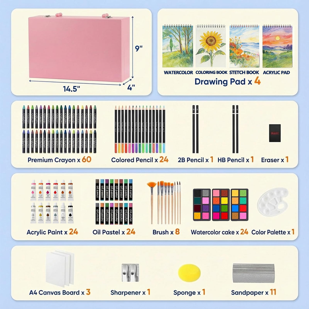 194 Piece Deluxe Art Set, Painting Drawing Art Supplies with 4 Drawing Pads, Acrylic Paints