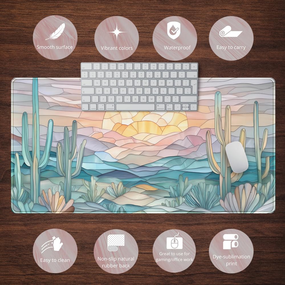 Desk Mat Gaming Abstract Ocean Desk Pad Large Mouse and Keyboard Pad, Faux Stained Glass Sun &