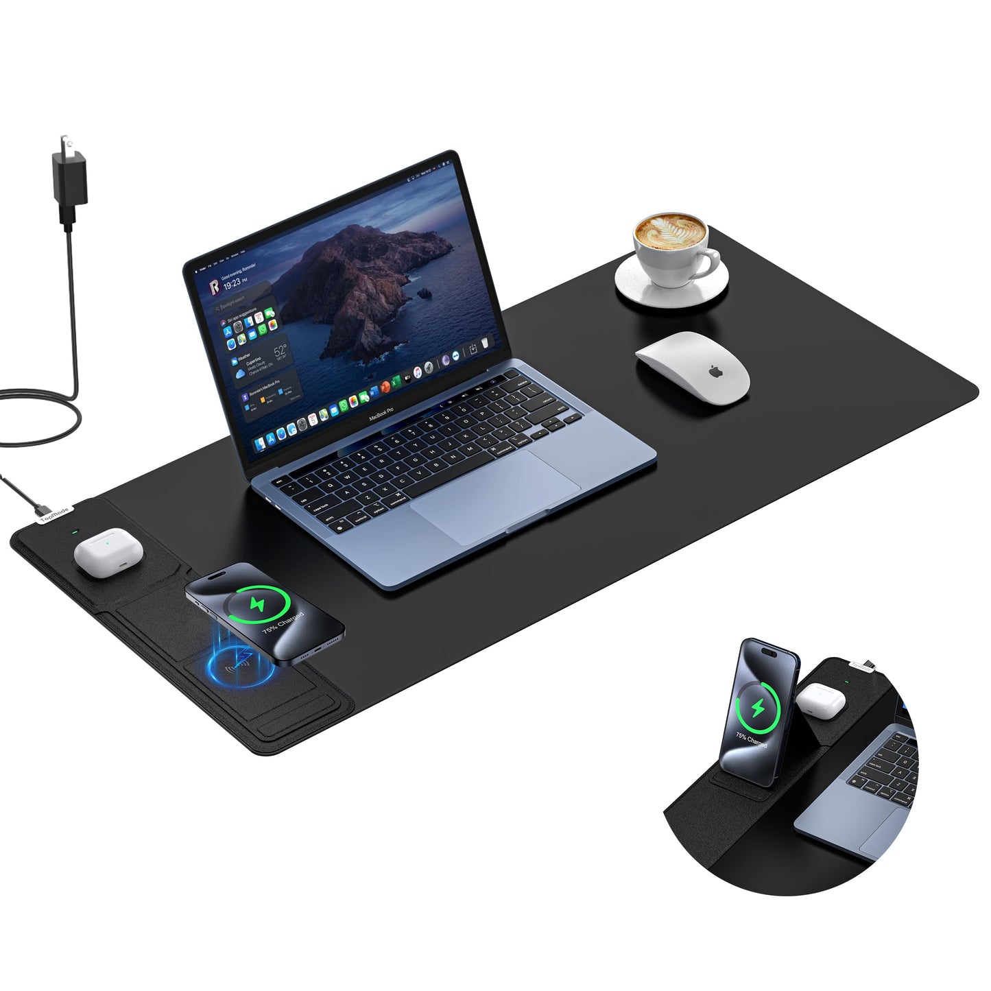 Mouse Pad with Wireless Charging, Foldable Phone Holder, Large Desk Mat