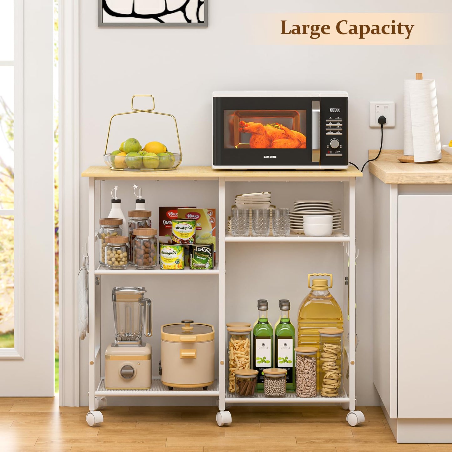 ThreeHio Kitchen Island cart with Storage, Mobile Kitchen Cart with 4 Hooks and Adjustable Shelf on