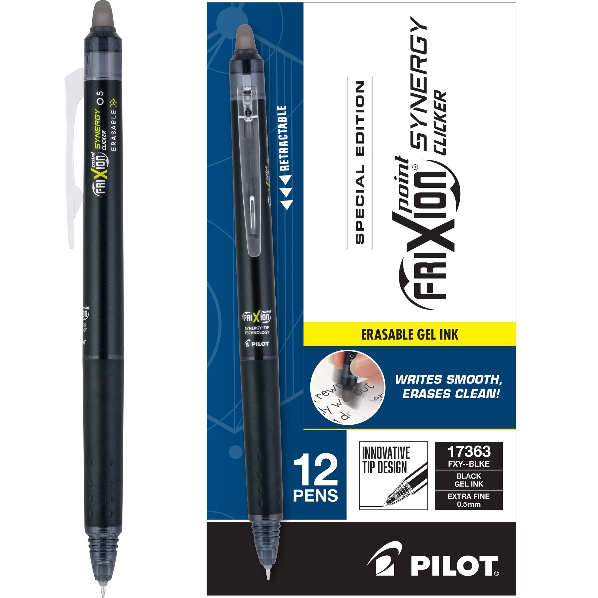 Pilot FriXion Synergy Clicker Erasable Gel Ink Pens, 0.5mm, Black, 12-Pack