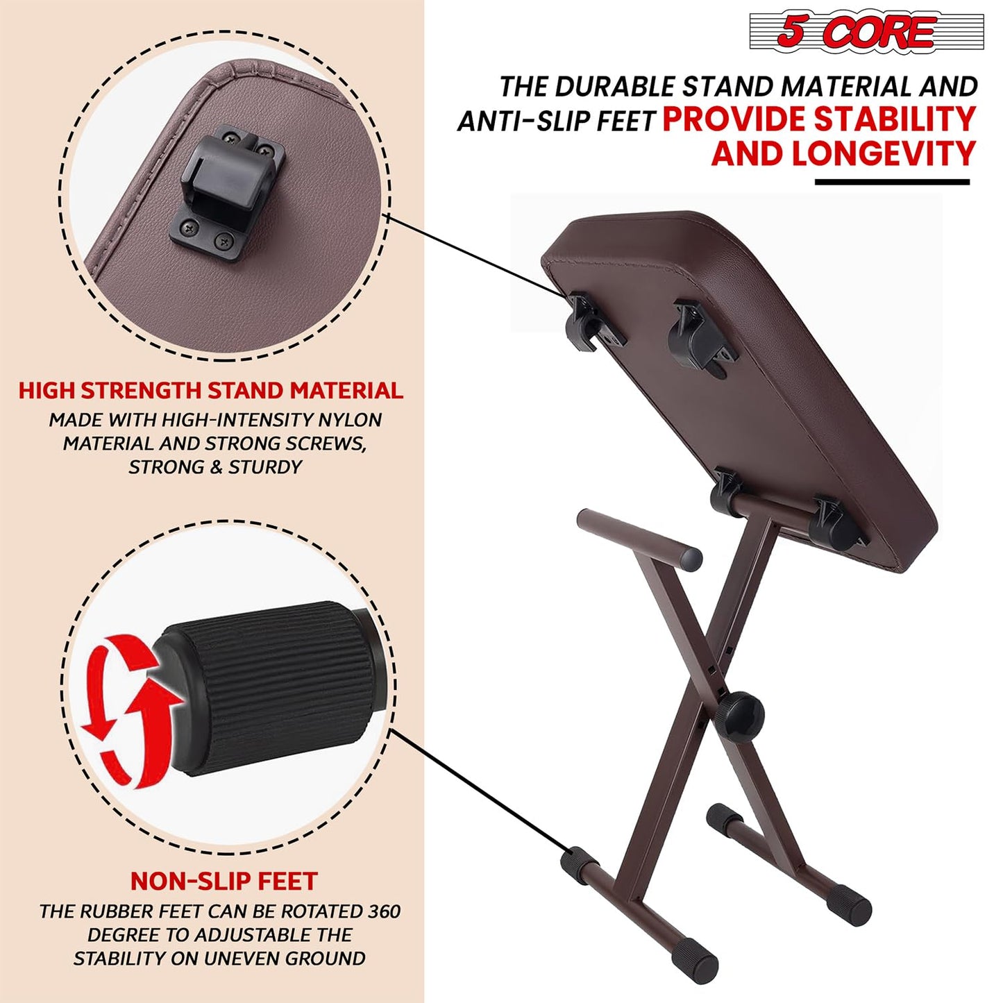 5 CORE Piano Bench X-Style Foldable 3" Padded Keyboard Seat Adjustable Height for Keyboards Synths
