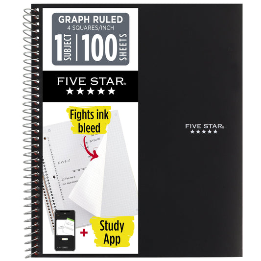 Five Star Spiral Notebook + Study App, 1 Subject, Graph Ruled Paper, 8-1/2" x 11", 100 Sheets