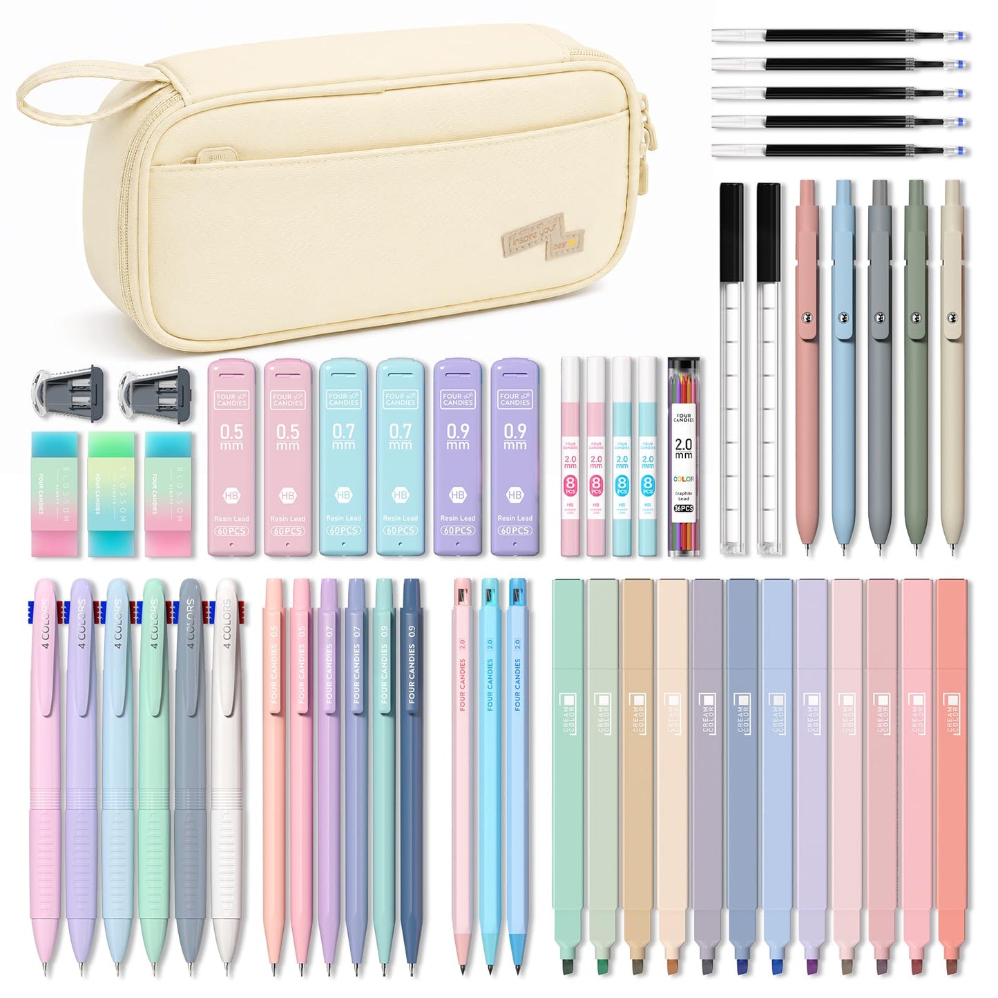 Four Candies 56 PCS Aesthetic School Supplies with Pencil Case (Cream)