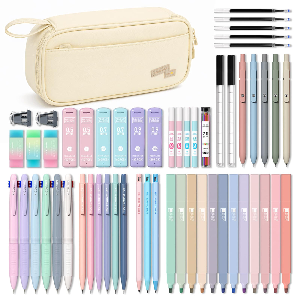 Four Candies 56 PCS Aesthetic School Supplies with Pencil Case (Cream)