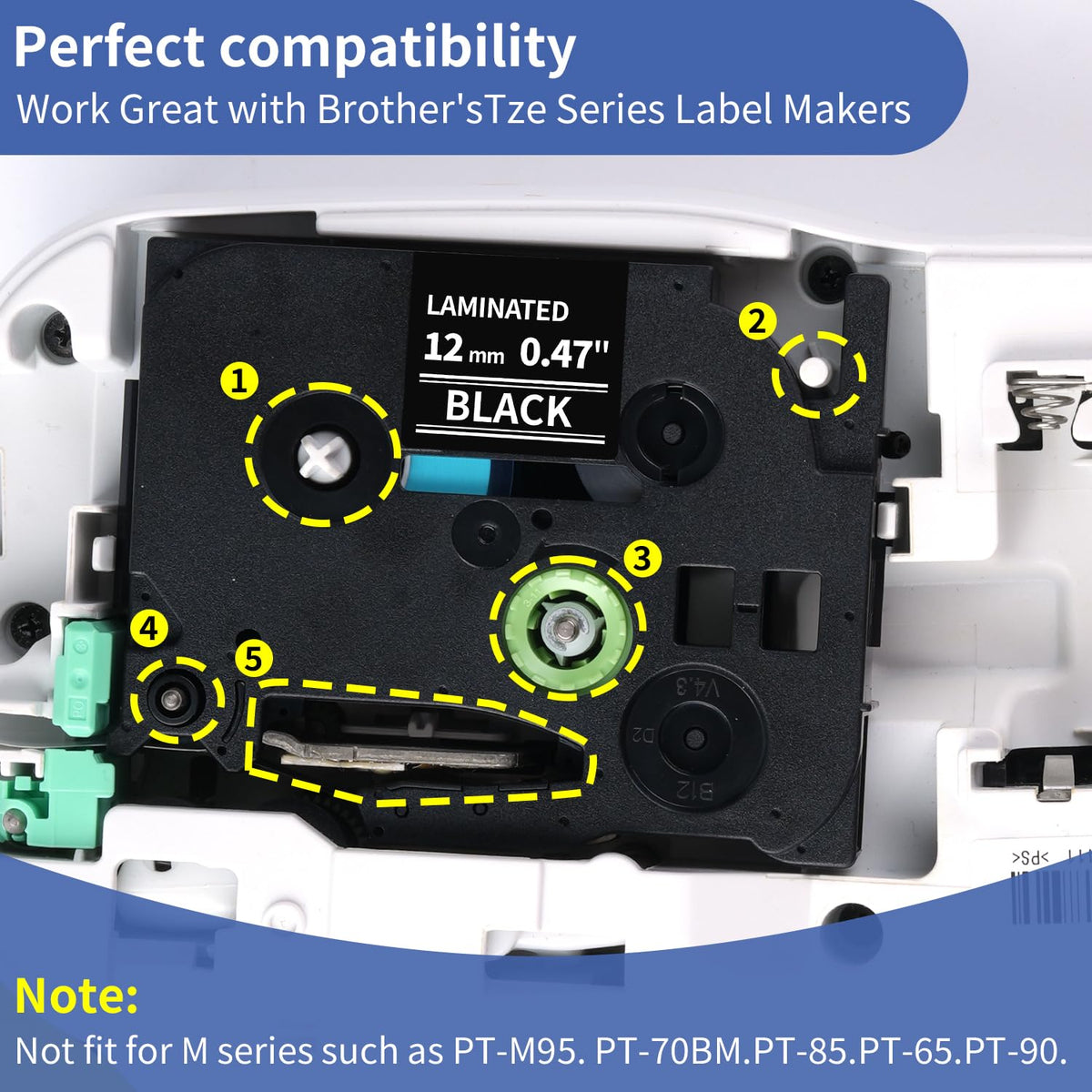 Label Maker Tape TZe-335 Compatible with Brother Laminated White on Black
