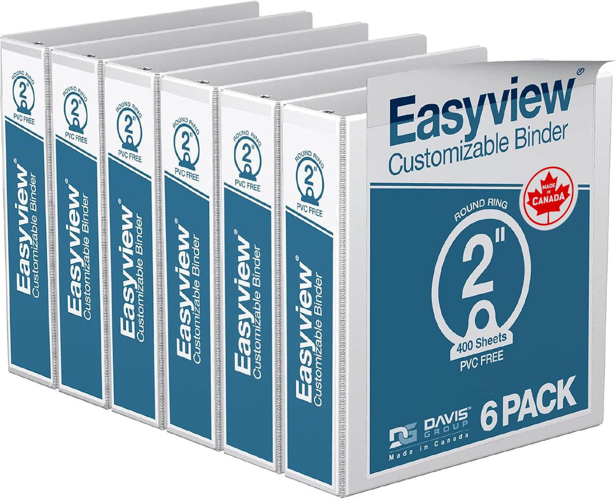 Easyview 3-Ring Binder, Clear-View Cover, 2" Round Rings, White, 6 Pack