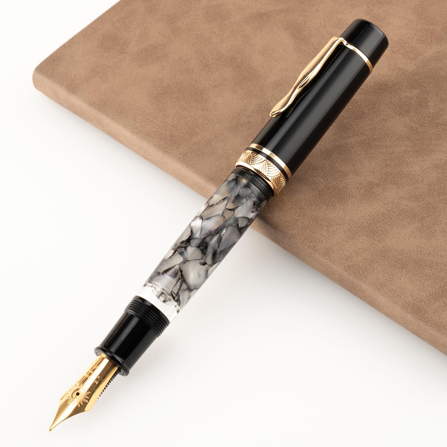 erofa Majohn P139 Piston Fountain Pen No.8 Medium Nib with Box, Gray Marble Acrylic Large Capacity