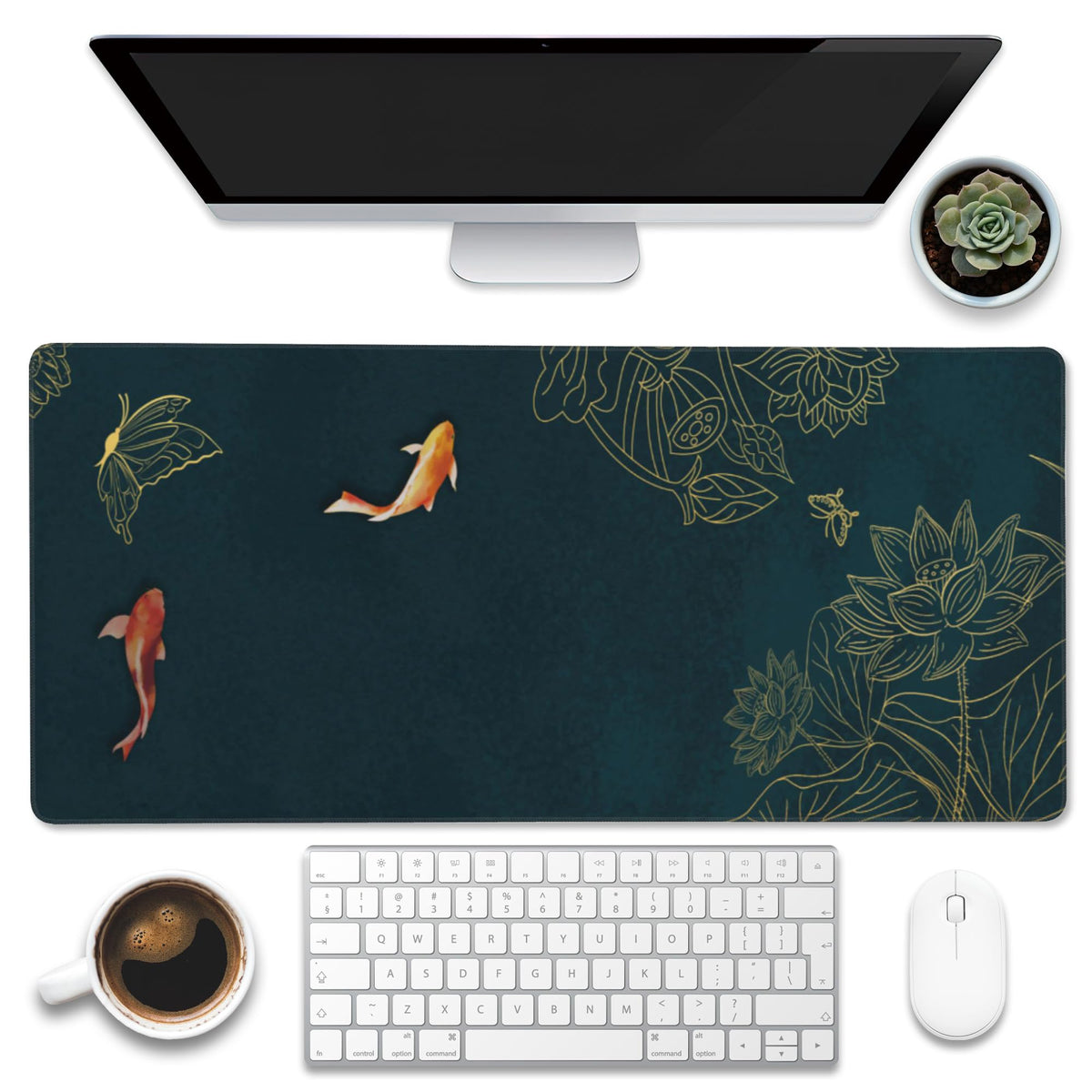 Eflxamz Large Gaming Mouse Pad, Koi Fish Ink Painting Desk Mat, Golden Line Lotus Desk Pad