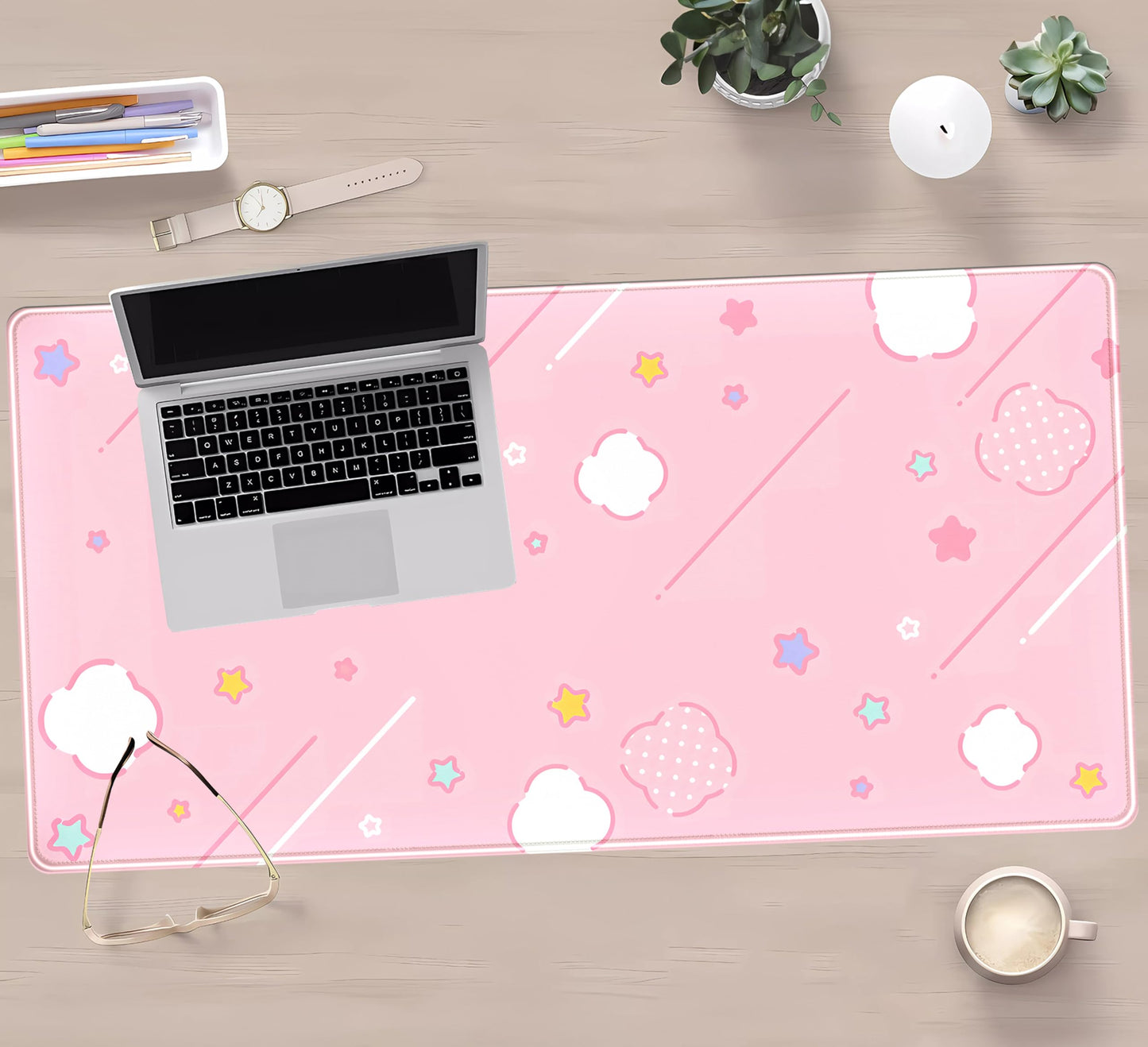 Pink Mouse Pad Large Desk Mat Gaming, Kawaii Desk Pads Stars Mouse Mat XXL Cute Keyboard Pad