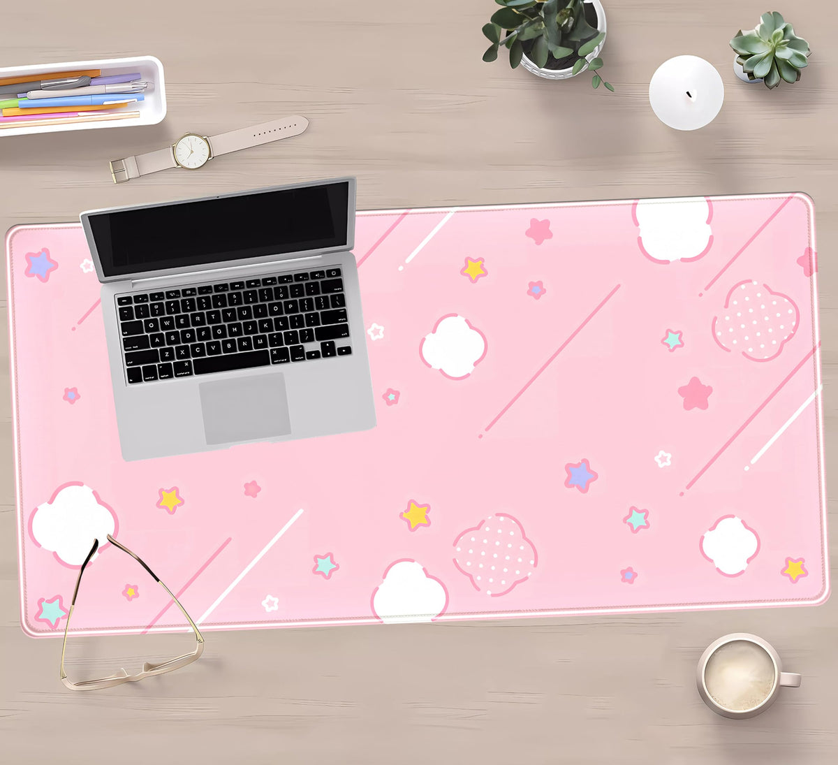 Pink Mouse Pad Large Desk Mat Gaming, Kawaii Desk Pads Stars Mouse Mat XXL Cute Keyboard Pad