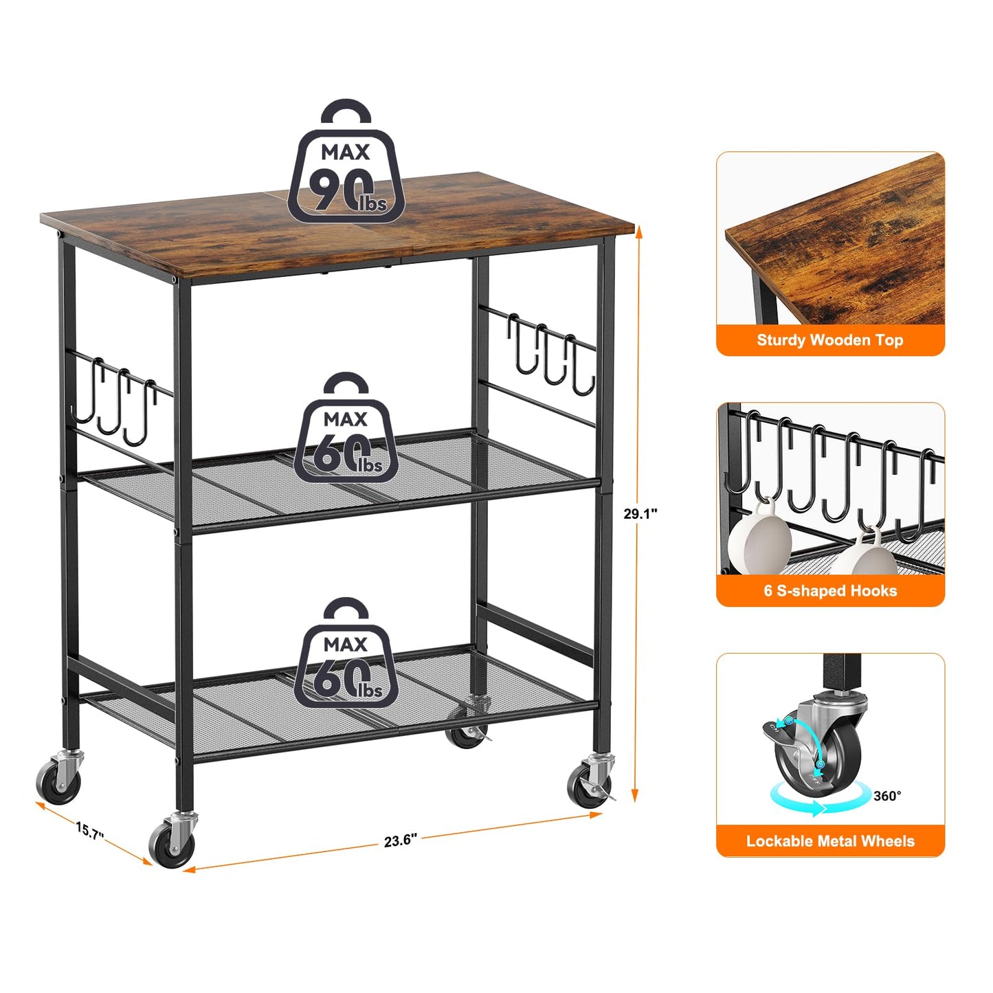 NTE Rolling Kitchen Microwave Cart, 3 Tier Microwave Stand with Storage, Small Kitchen Island on