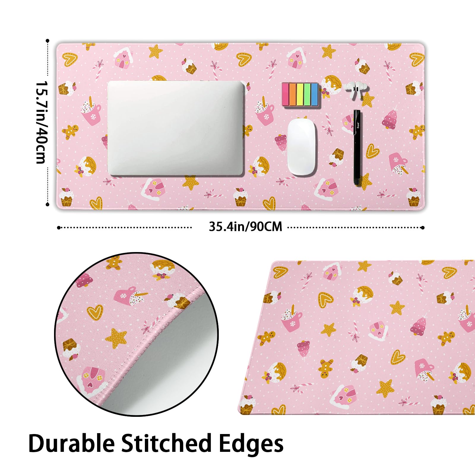 Pink Christmas Gaming Mouse Pad XXL Cute Kawaii Cupcake Gingerbread Extended Big Large Desk Mat