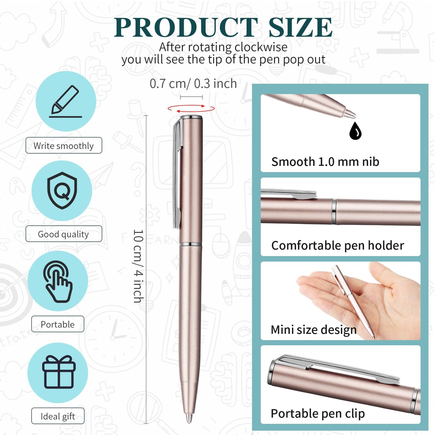 Teling 72 Pcs Small Ballpoint Pen Mini Pens Bulk 4 Inch,Rose Gold, Silver
