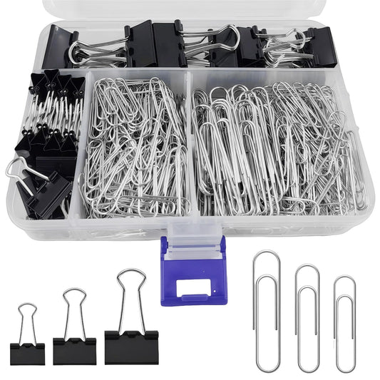 Binder and Paper Clips Set, 340 pcs Assorted Sizes in Container With Compartments - Silver Paper