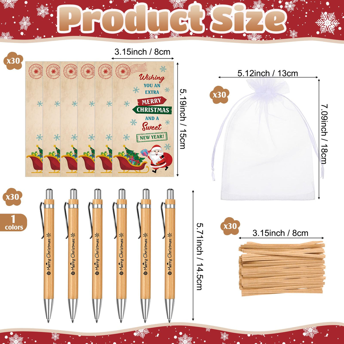 Marspark 30 Set Vintage Christmas Party Favor Gifts Bulk Xmas Pen and Card